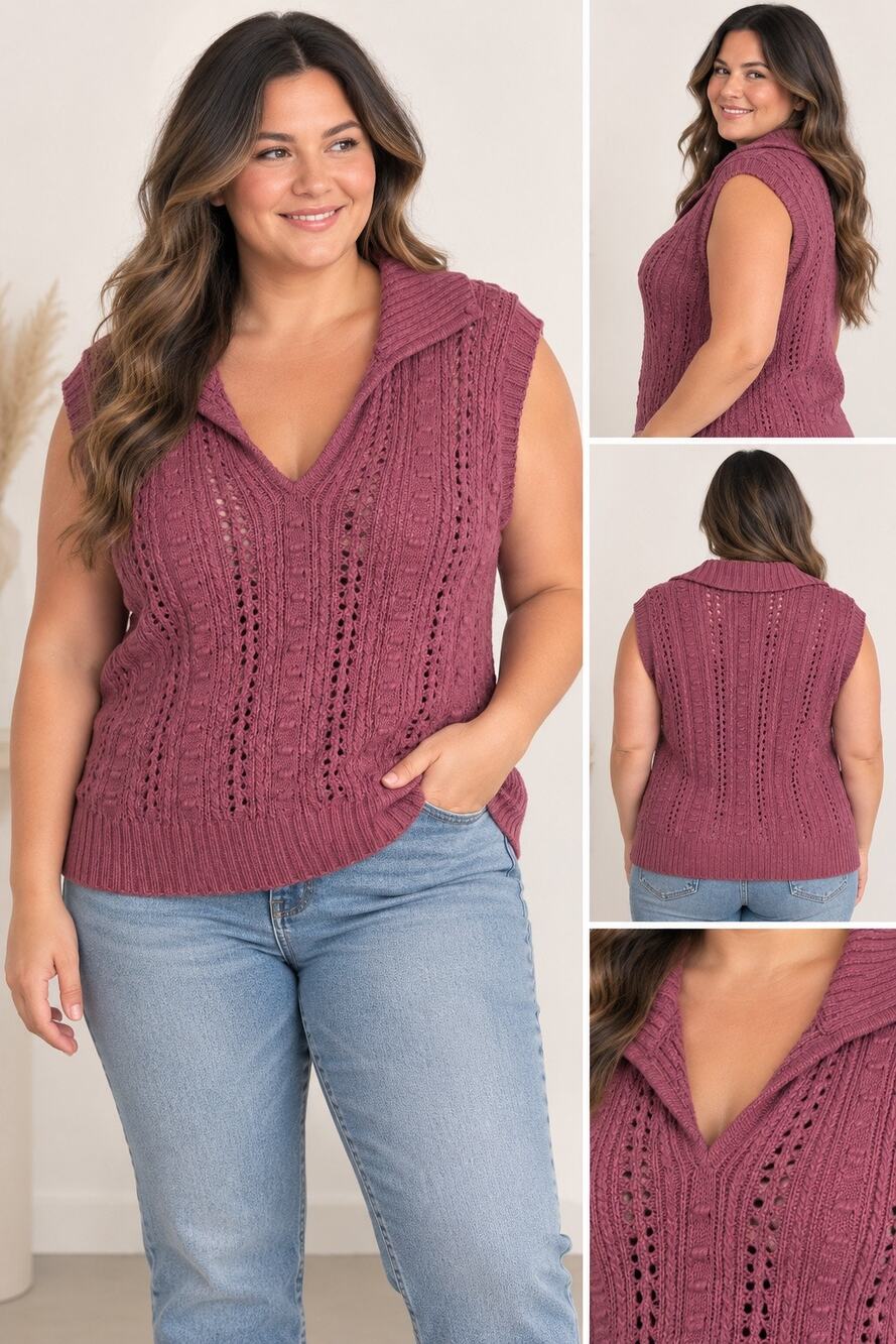 Plum Open-Knit Hooded Sweater Vest – Size XXL